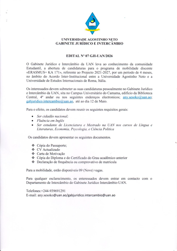 EDITAL Nº 07 GJI-UAN/2026 (ERASMUS+ KA 171)