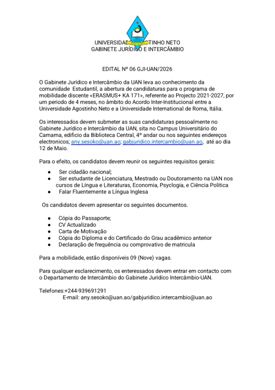 Edital sobre candidaturas para o programa de mobilidade discente «ERASMUS+ KA 171»